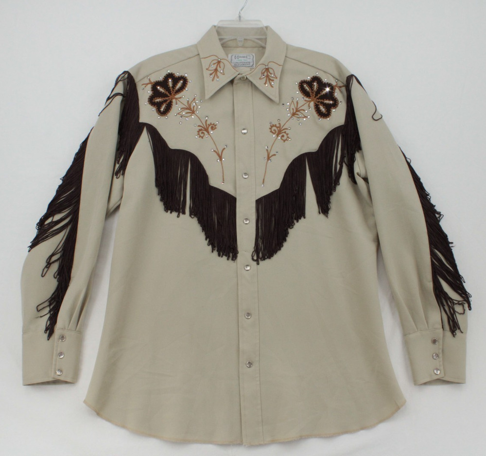 VTG H Bar C California Ranchwear Shirt Long Tail Fringed Embroidered Pearl Snap